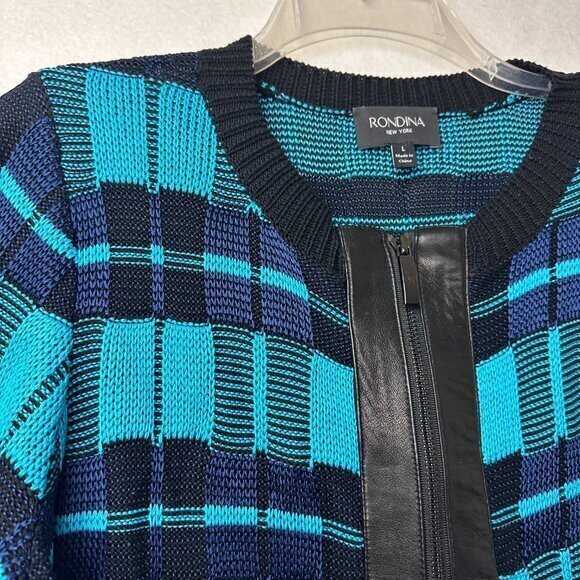 Rodina‎ NY cardigan sweater women L blue black square silk blend leather trim - Picture 2 of 4